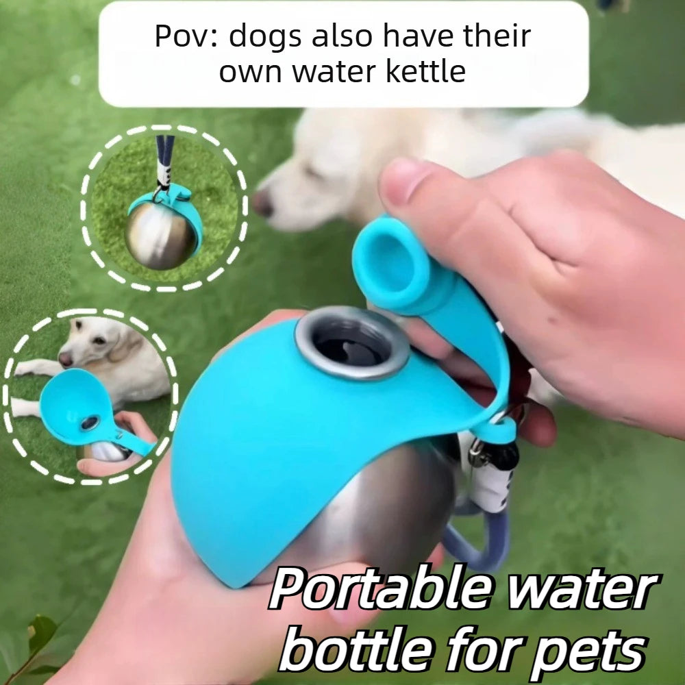 Dog Water Bottle for Walks – 285ml Stainless Steel with Silicone Bowl, Leak-Proof