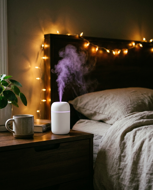 Humidifier on bedroom nightstand at night