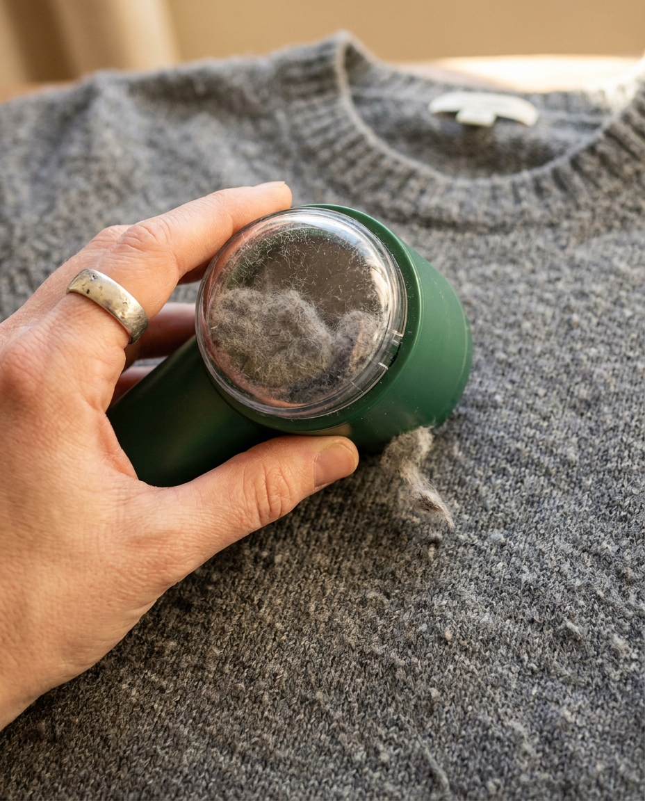 Fabric shaver removing lint from sweater