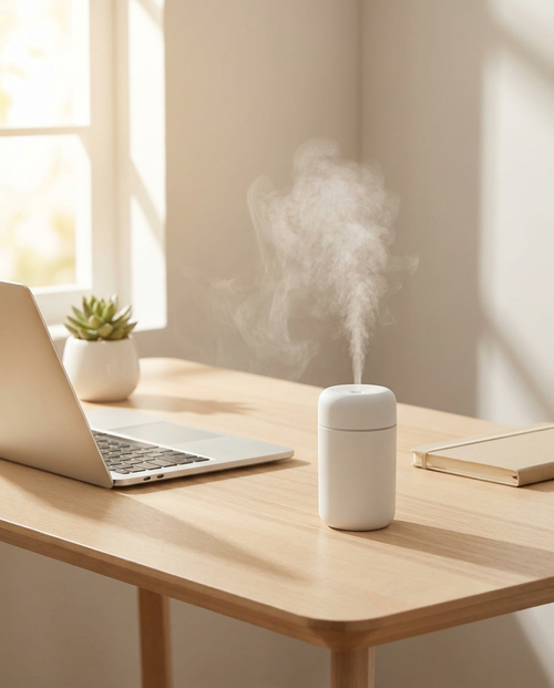 Humidifier misting on office desk