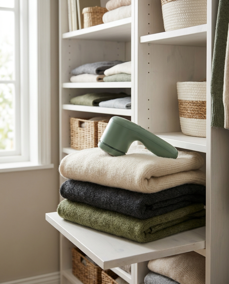 Fabric shaver on wardrobe shelf